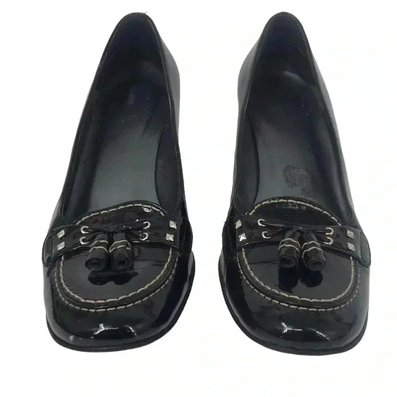 STUART WEITZMAN HEELS WOMENS 7.5 BLACK PATENT LEATHER TASSEL KITTEN - Picture 4 of 14